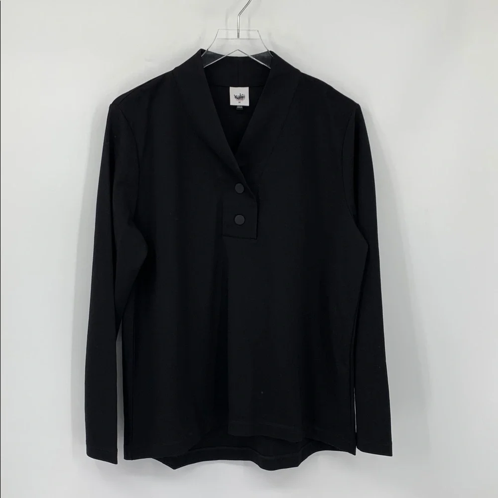 CAbi Ritzy top shirt blouse black knit v-neck henley snap stretch new Medium